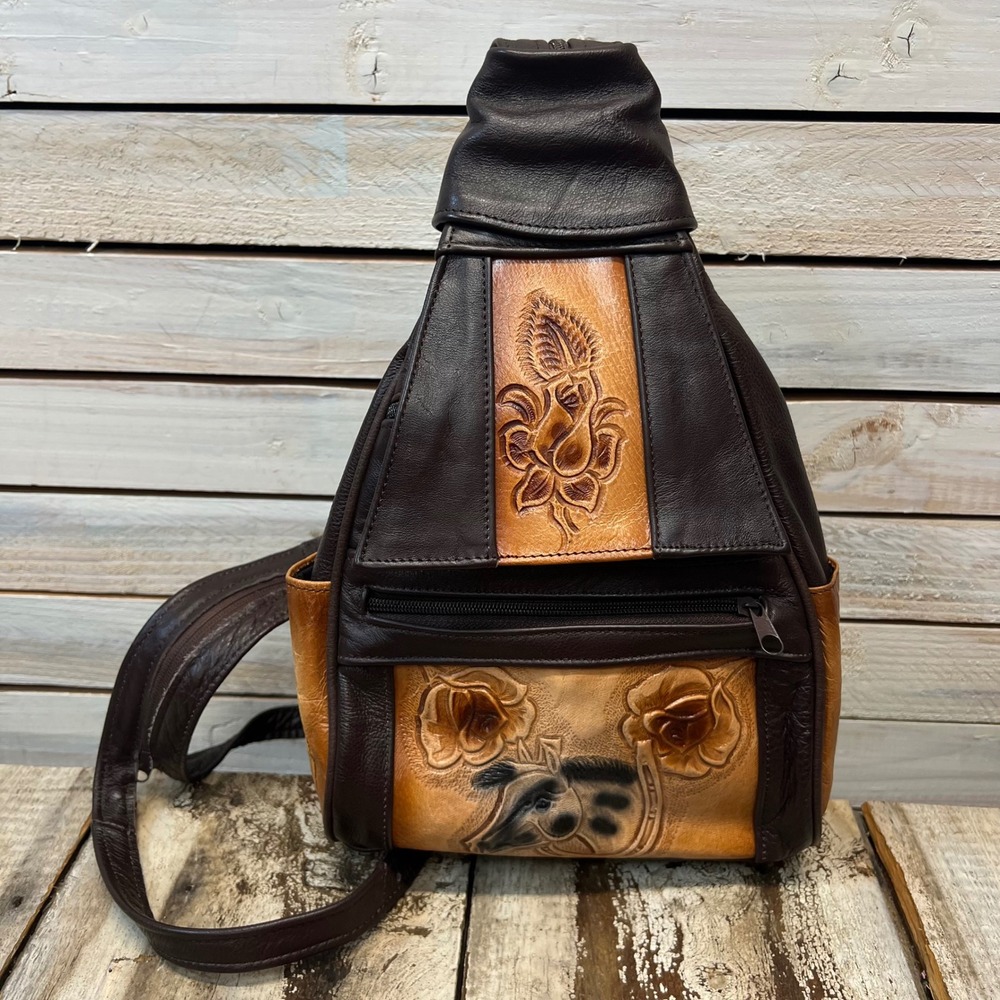 Vintage Mexican Tooled Leather Horse Rose Sling Backpack Western Boho
